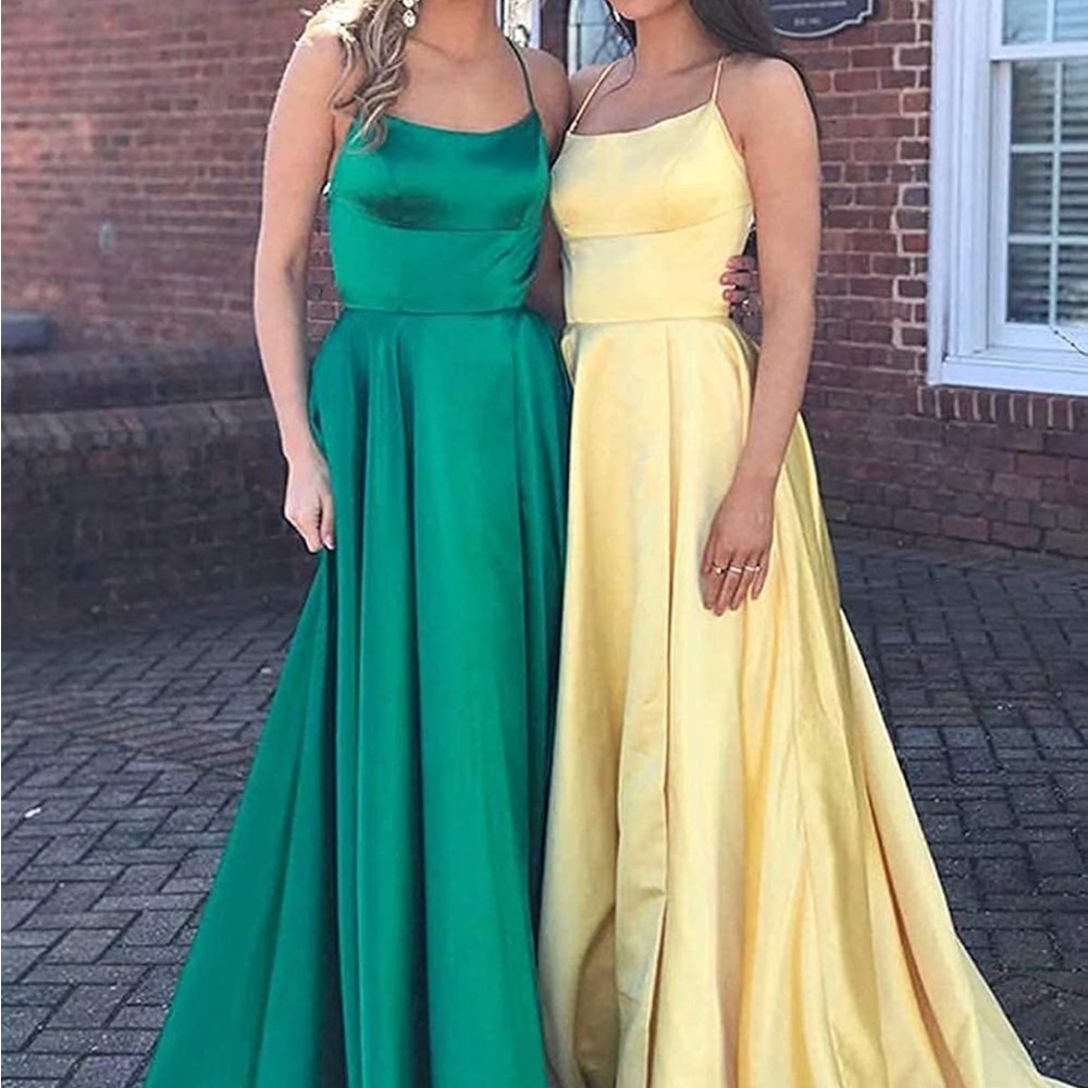 Amazon Pomuyoo Emerald Green Satin Racerback Gown Maxi Bridesmaid Prom Dress 6